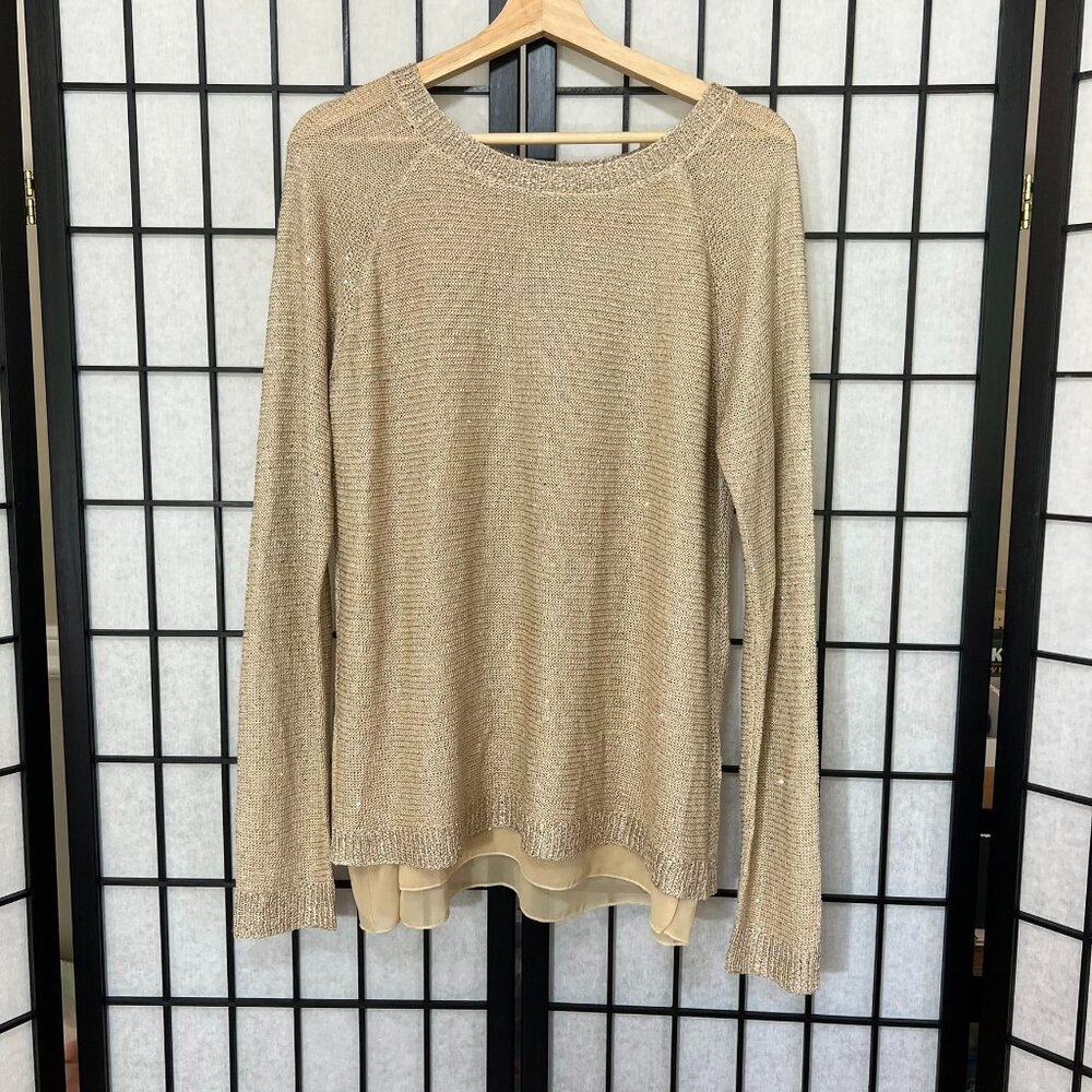 Sioni Women's Beige Metallic Sequin Long Sleeve Open Knit Sweater Size L